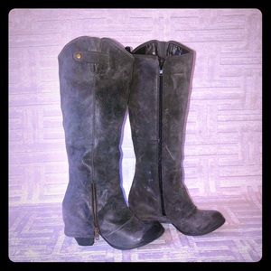 Fergie Gray Suede & Leather Covered Heel Boots EUC